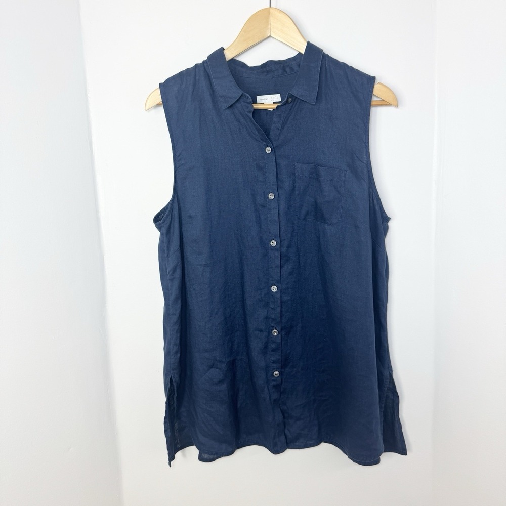 J Jill Love Linen Sleeveless Button Front Tunic Top  Womens LP Navy Blue Coastal